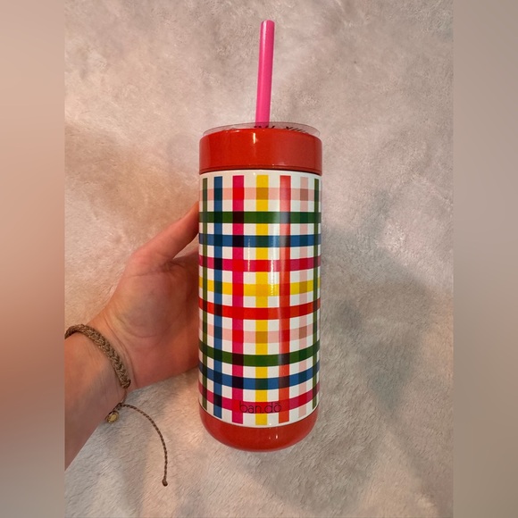 NEW NWT Ban.do Stainless Steel Block Party Plaid Colorful Straw Tumbler Cup - Picture 2 of 12